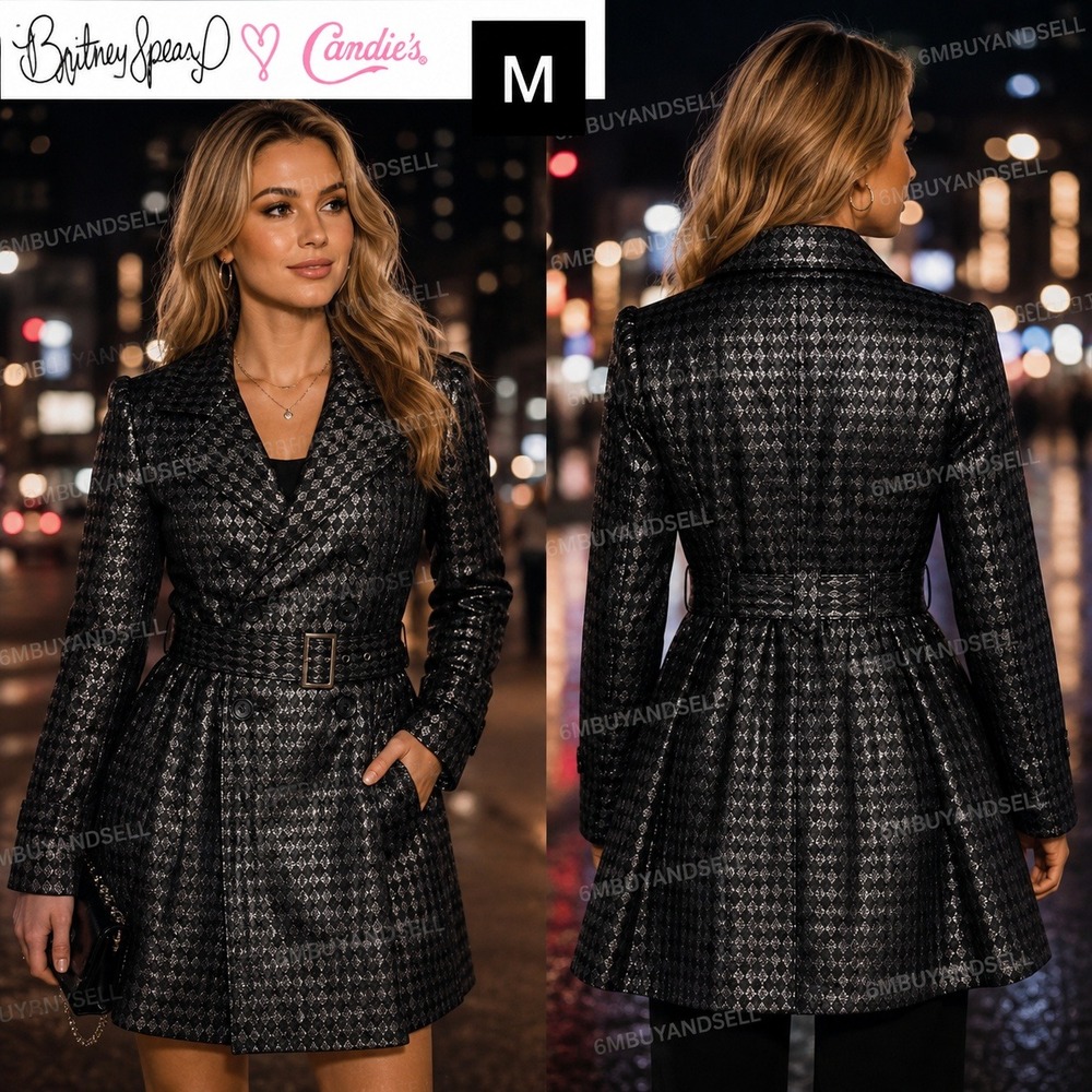 Britney Spears Candies Metallic Diamond Trench Coat Black Silver Belted Medium